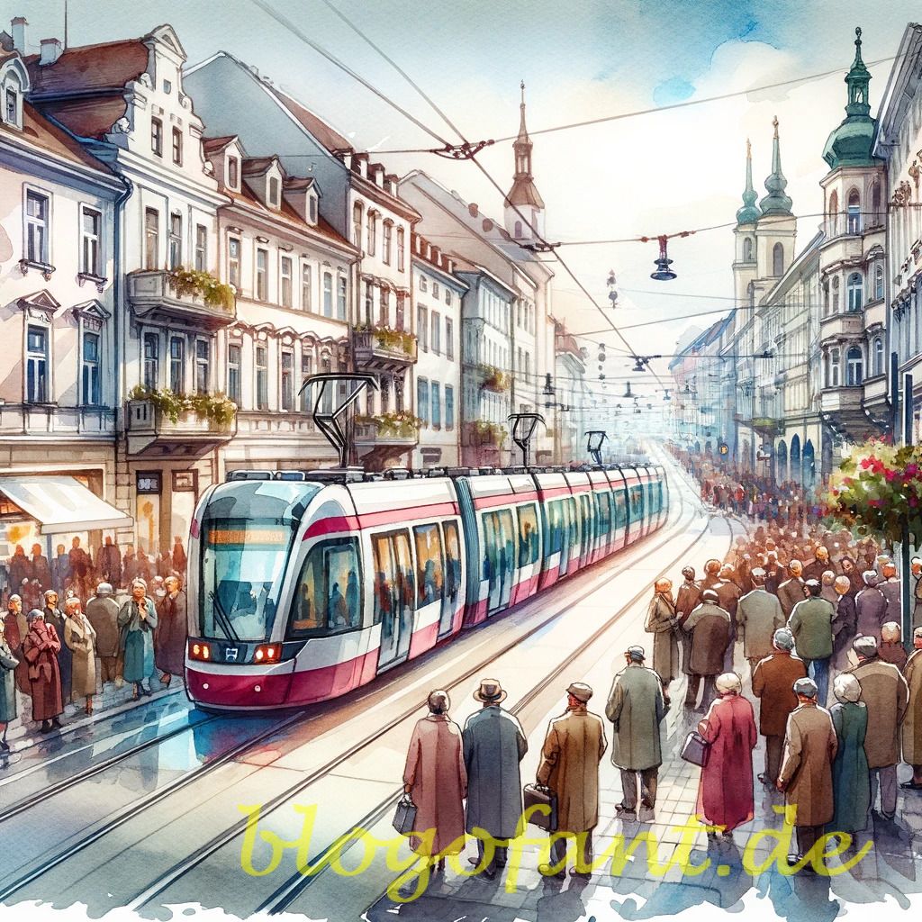 Graz bekommt 30-35 neue Straßenbahnen 15 DALL·E 2023 10 20 10.39.57 Watercolor painting of a bustling street in Graz with new trams passing by and citizens cheering for the expansion of the citys tram fleet