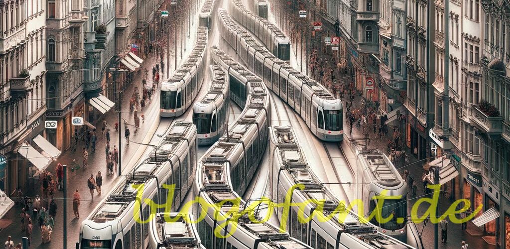 Graz bekommt 30-35 neue Straßenbahnen 10 DALL·E 2023 10 20 10.40.56 Photo styled image of a main street in Graz bustling with multiple new trams moving in both directions symbolizing the influx of 30 new trams