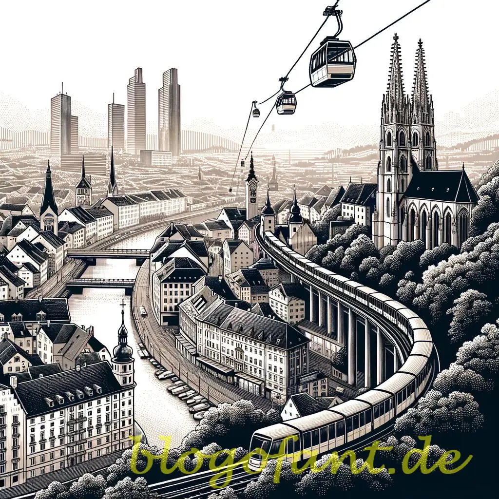 Seilbahnen erobern die Städte - Seilbahn in Graz 18 DALL·E 2023 10 20 10.49.09 Vector image of Grazs skyline emphasizing the addition of Seilbahnen showcasing a blend of historic charm and modern transportation innovation