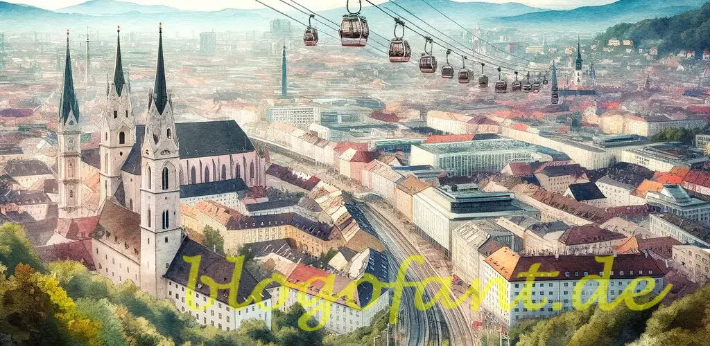 Seilbahnen erobern die Städte - Seilbahn in Graz 12 DALL·E 2023 10 20 10.49.13 Watercolor painting of a panoramic view of Graz where Seilbahnen are prominent moving above the city streets and past notable landmarks