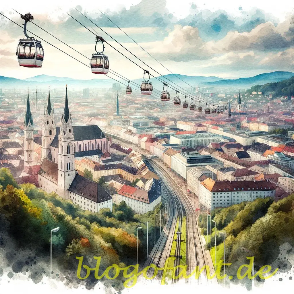 Seilbahnen erobern die Städte - Seilbahn in Graz 17 DALL·E 2023 10 20 10.49.13 Watercolor painting of a panoramic view of Graz where Seilbahnen are prominent moving above the city streets and past notable landmarks