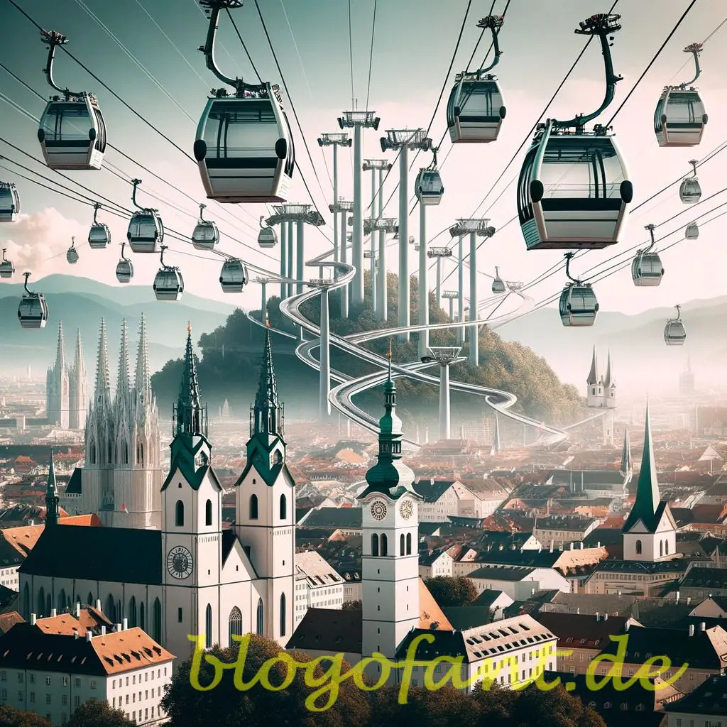 Seilbahnen erobern die Städte - Seilbahn in Graz 16 DALL·E 2023 10 20 10.49.15 Photo of a modern cityscape with multiple cable cars Seilbahnen crisscrossing the sky with Grazs iconic landmarks in the backdrop symbolizing the