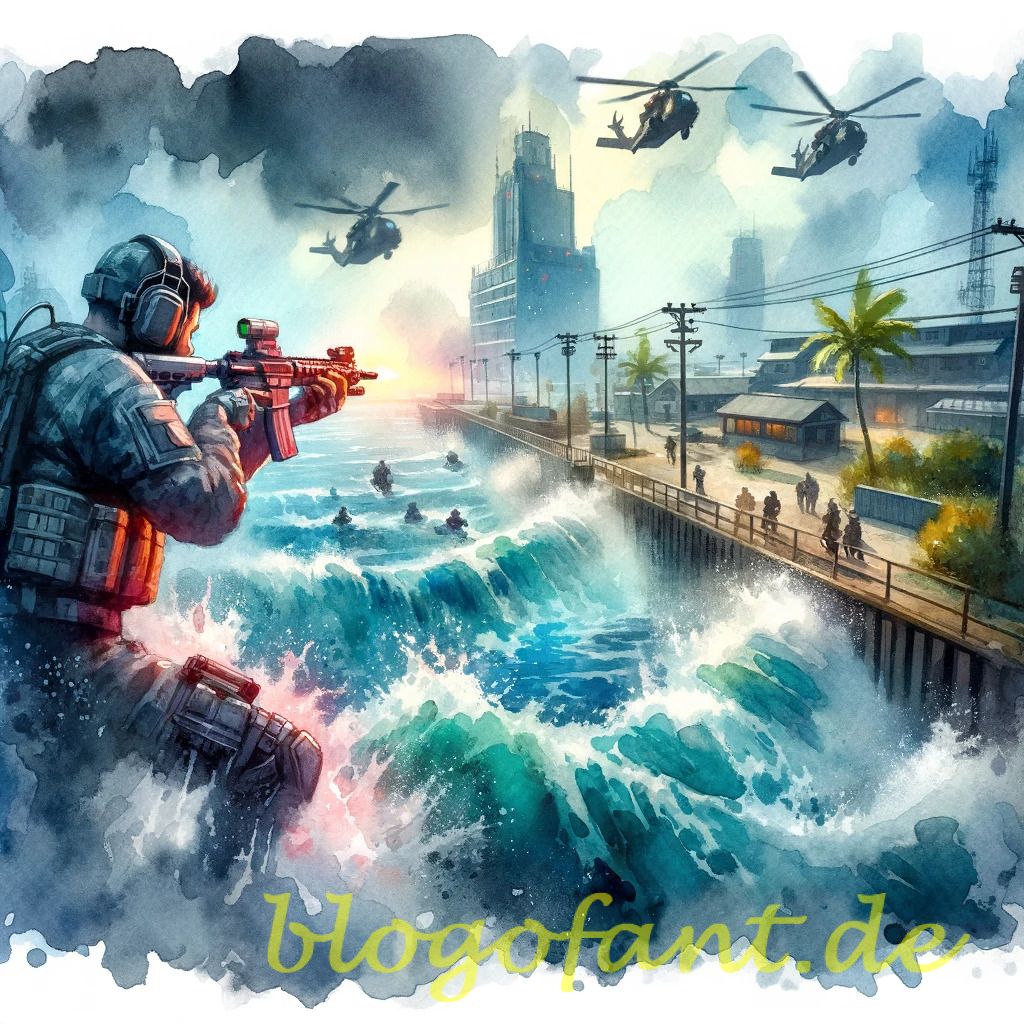 Call of Duty Mobile - Profi Tipps & Tricks 2024 22 DALL·E 2023 10 20 11.42.10 Watercolor painting of an intense Call of Duty Mobile match focusing on the water based safezone and the challenges it poses to players