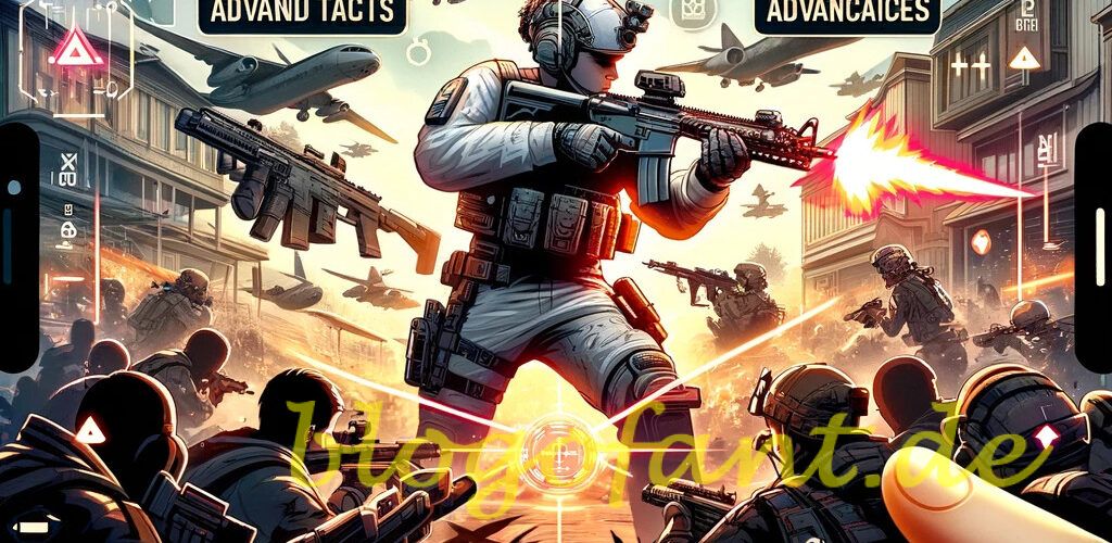 Call of Duty Mobile - Profi Tipps & Tricks 2024 13 DALL·E 2023 10 20 11.46.24 Illustration of a Call of Duty Mobile gameplay scene showcasing a player using advanced tactics against opponents with an overlay of tips and tric