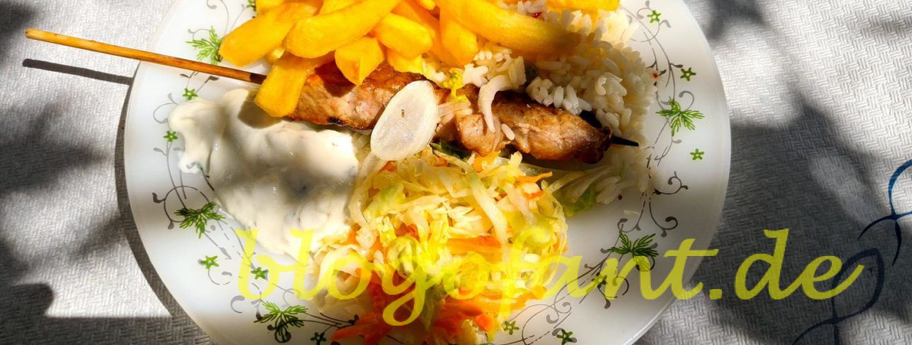 Kos Essen & Kos Restaurant 1 Griechisches Essen, Souvlaki mit Pommes und Reis, Griechische Köstlichkeiten