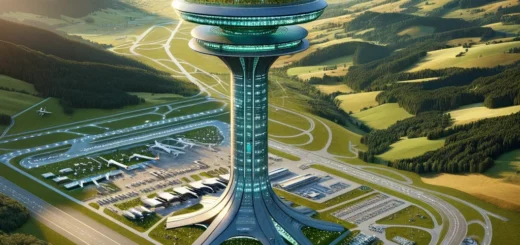 DALL·E 2024 02 04 15.22.11 A futuristic mega tower located in the geographical center of Austria designed as the sole air traffic control center for the entire country. This to