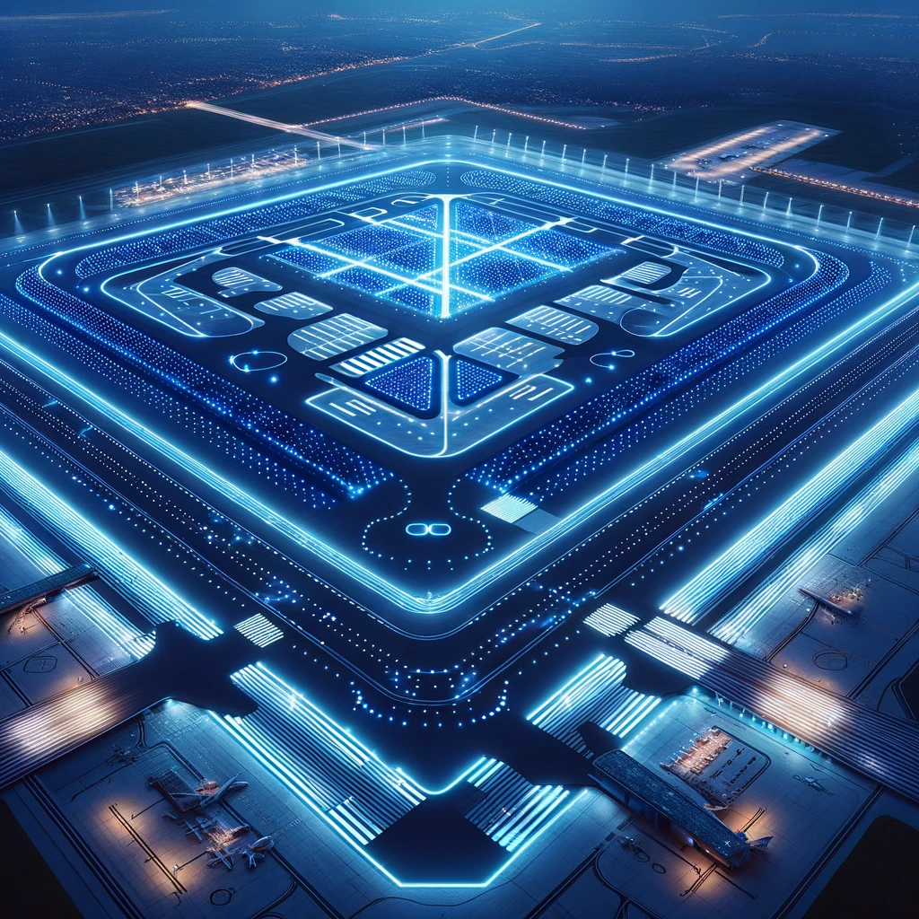 DALL·E 2024 02 08 13.08.14 A futuristic airport featuring a massive 3 x 3 km square shaped runway illuminated with bright blue LED lights along its edges and intricate patterns