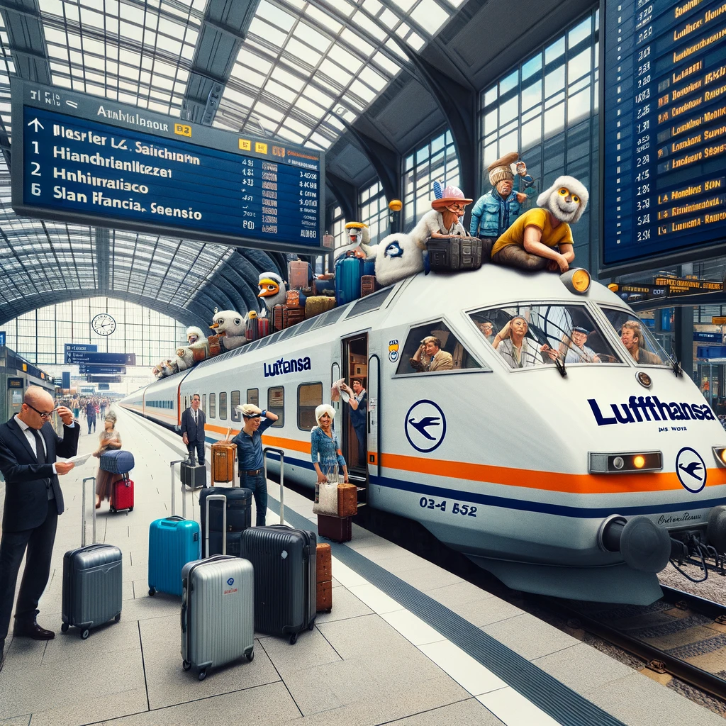 DALL·E 2024 02 08 15.59.13 A whimsical and satirical scene at a German train station where a traditional ICE train is humorously branded with Lufthansa airline logos and flight
