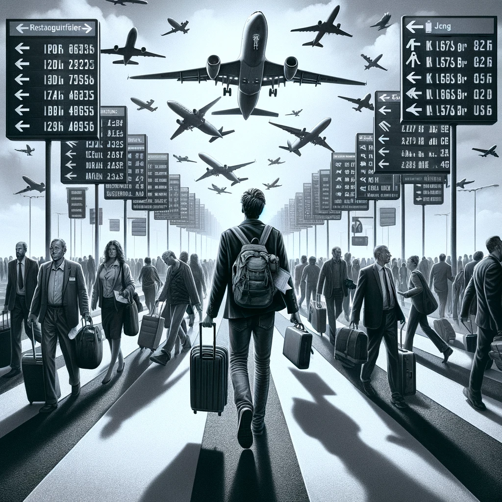 DALL·E 2024 02 08 16.33.16 Auf einem geschaeftigen Flughafen steht ein Reisender sichtlich verwirrt und leicht frustriert inmitten einer Menschenmenge. Er haelt einen Reisefuehre