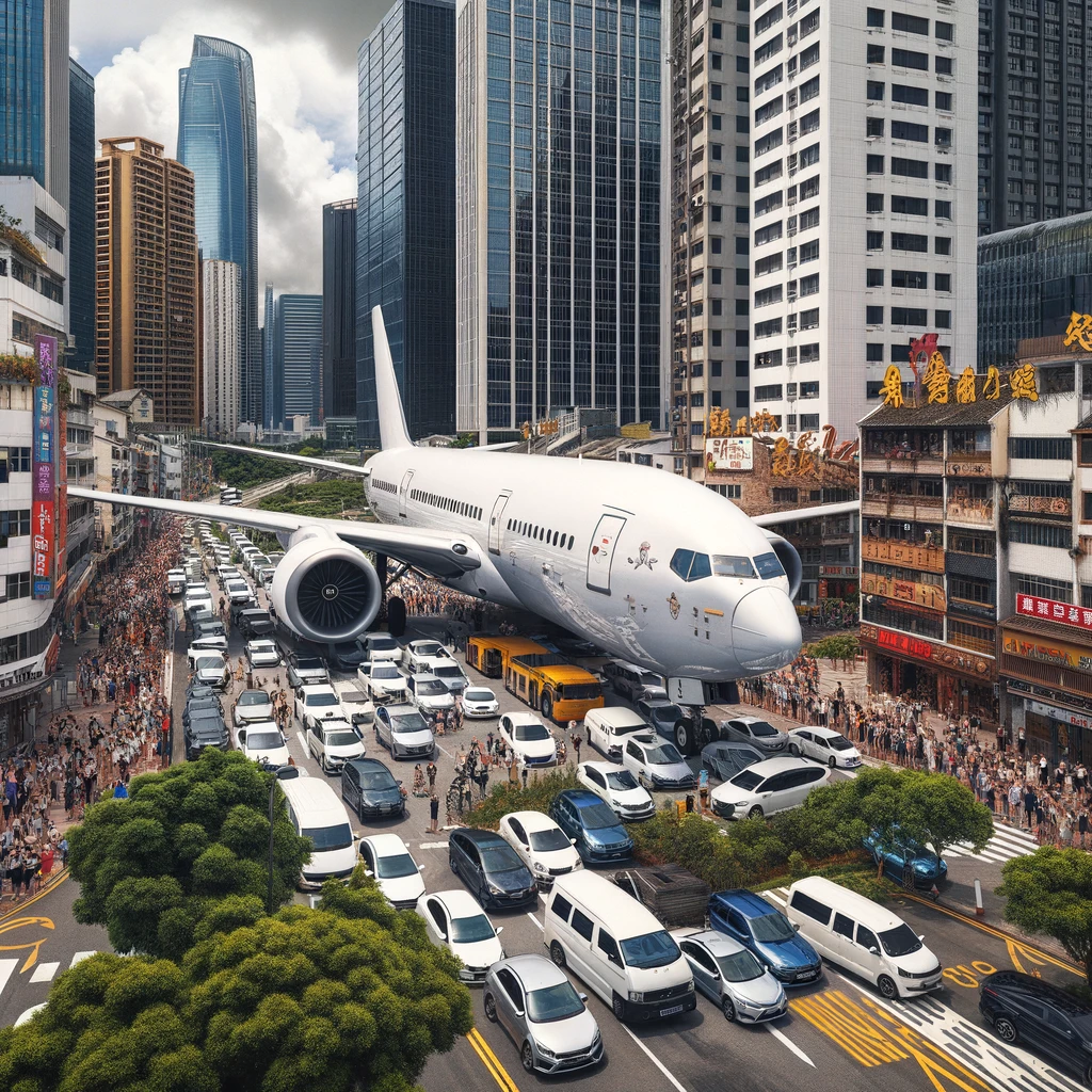 DALL·E 2024 02 13 15.17.35 A bustling city scene with airplanes parked in unusual places one on a main street among cars another glued to a city square with people lookin