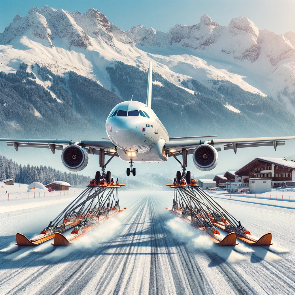 DALL·E 2024 02 13 16.43.19 An Airbus airplane equipped with skis instead of wheels performing a landing on a snowy runway at a picturesque mountain airport reminiscent of Inns