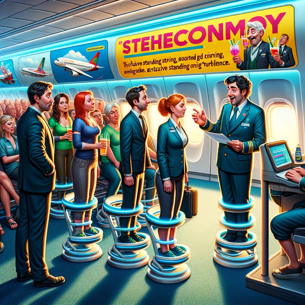DALL·E 2024 02 13 17.13.30 In a satirical and futuristic airport setting a group of passengers is seen checking in for a Steheconomy flight. The passengers showing a mix of