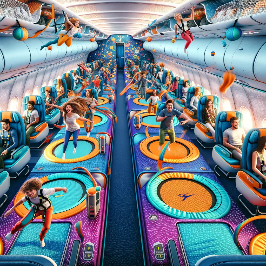 DALL·E 2024 02 13 17.28.19 Visualize a vibrant and futuristic airplane cabin where the seats have been replaced with trampolines. Passengers strapped in with safety harnesses