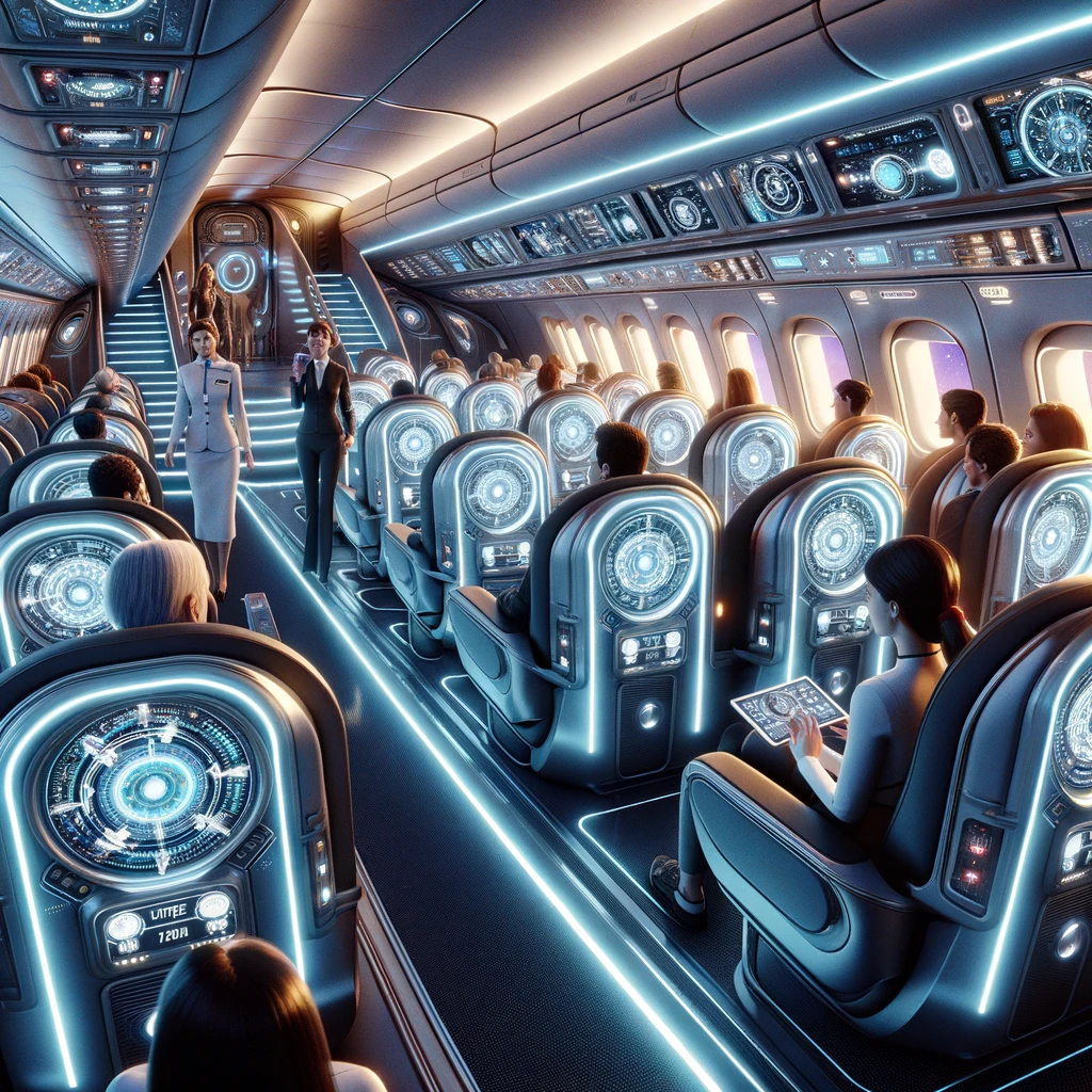 DALL·E 2024 02 13 17.39.31 Visualize a futuristic airplane cabin filled with passengers where the conventional seats are replaced by advanced technology modules that enable tim