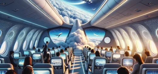DALL·E 2024 03 21 08.01.17 An imaginative and futuristic scene depicting the revolution of windowless flights. The interior of a cutting edge windowless airplane is shown with
