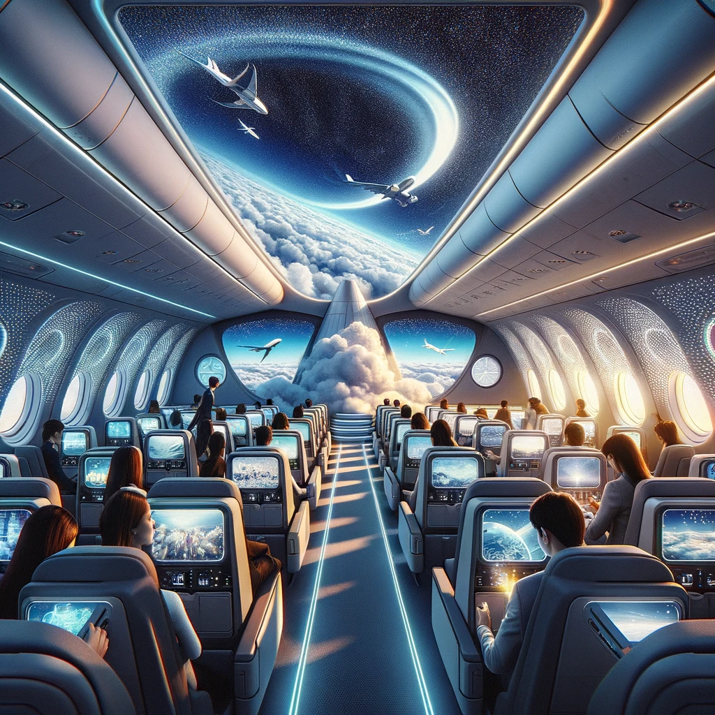 DALL·E 2024 03 21 08.01.17 An imaginative and futuristic scene depicting the revolution of windowless flights. The interior of a cutting edge windowless airplane is shown with