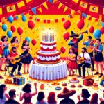 DALL·E 2024 03 06 13.11.40 A vibrant and joyful scene celebrating a birthday in Spain without any words or speech bubbles. The illustration features a group of people gathered a