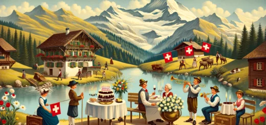 DALL·E 2024 03 06 13.20.24 A charming and picturesque scene illustrating various ways to wish someone a happy birthday in Switzerland. The image features a serene landscape with