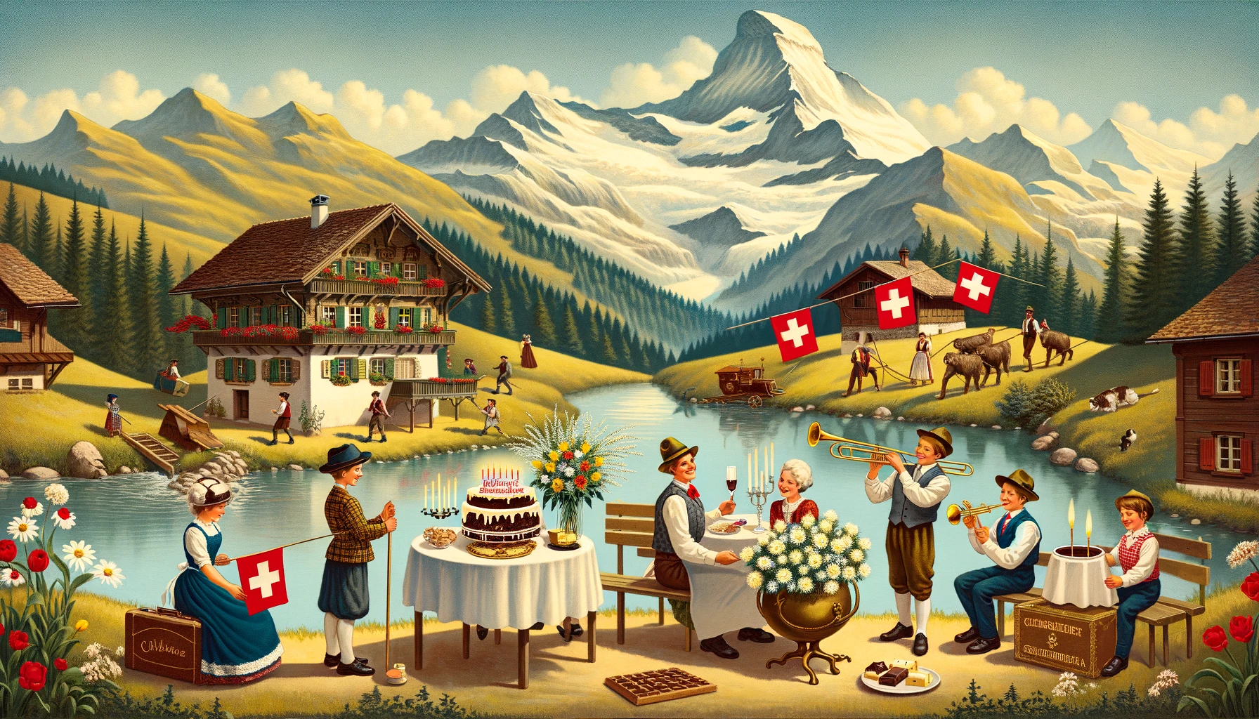 DALL·E 2024 03 06 13.20.24 A charming and picturesque scene illustrating various ways to wish someone a happy birthday in Switzerland. The image features a serene landscape with
