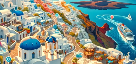 DALL·E 2024 03 21 16.46.59 An inviting and picturesque image that captures the essence of A Day in Santorini The Perfect Route for Cruise Passengers. The scene unfolds with a