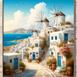 DALL·E 2024 04 04 14.59.39 Create an image inspired by the theme One Day in Mykonos that resembles a Greek painting. The scene should capture the essence of a day on this