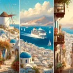 DALL·E 2024 04 04 15.40.15 Create three images inspired by Mykonos Greece. For two of these images include a luxurious cruise ship docked near the island integrating seamless